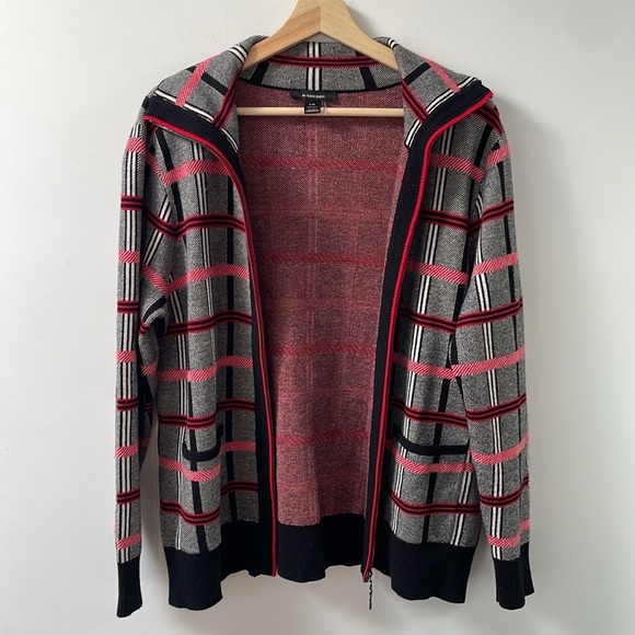 Alison Sheri plaid checkered cardigan jacket zip up L red white black collar - Picture 5 of 14